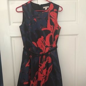 Navy blue and red belted dress